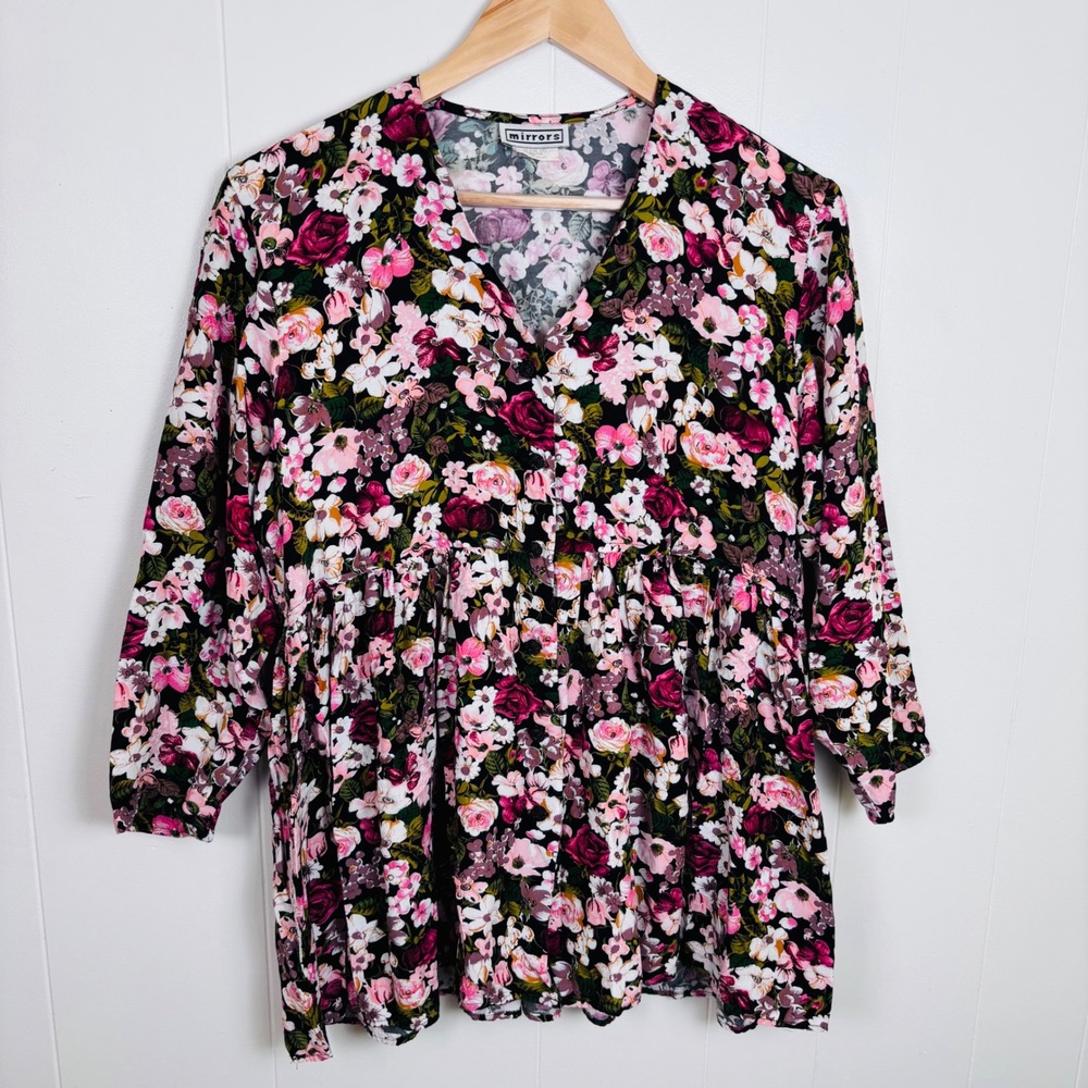 VTG Mirrors Floral‎ Babydoll Tunic Top V Neck 3/4 Sleeve Black Pink Flowers Med